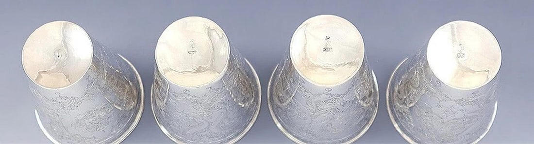 4 Antique c1920 Persian 850-900 Silver Heavy Weight Hand Engraved Beaker Cups - 7