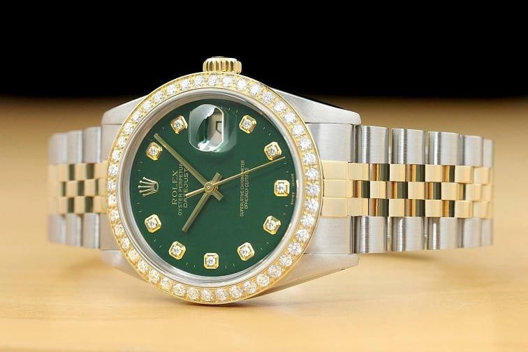 ROLEX MENS DATEJUST 16013 GREEN 1.6 CT BEZEL DIAMOND 18K GOLD STEEL WATCH - 2