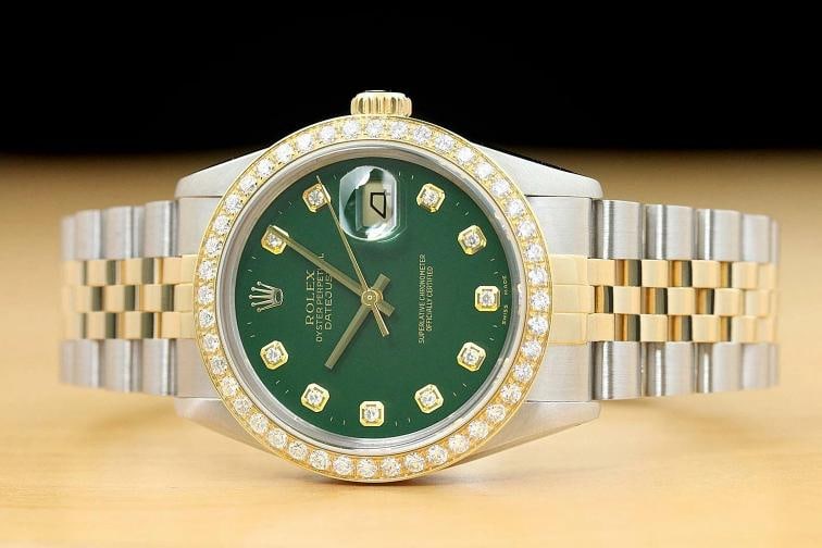 ROLEX MENS DATEJUST 16013 GREEN 1.6 CT BEZEL DIAMOND 18K GOLD STEEL WATCH - 3
