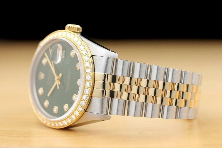 ROLEX MENS DATEJUST 16013 GREEN 1.6 CT BEZEL DIAMOND 18K GOLD STEEL WATCH - 4