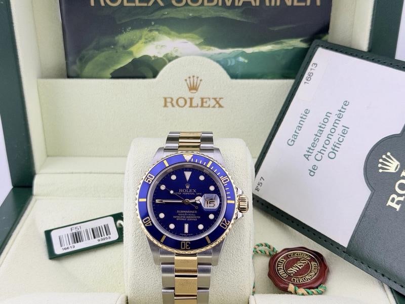 2005 Rolex Submariner Date Blue 16613 40mm Blue Dial 18k Gold Steel Box Paper - 10
