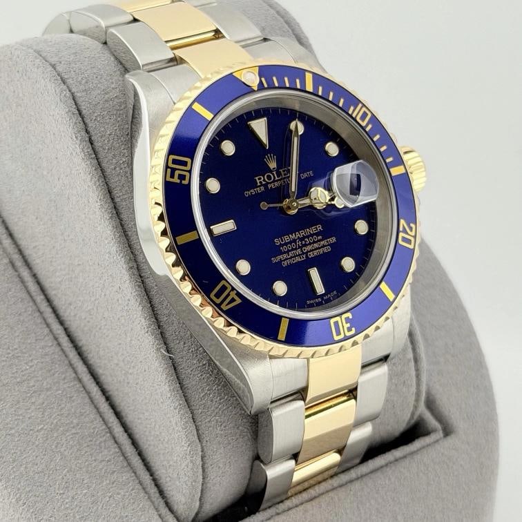 2005 Rolex Submariner Date Blue 16613 40mm Blue Dial 18k Gold Steel Box Paper - 3