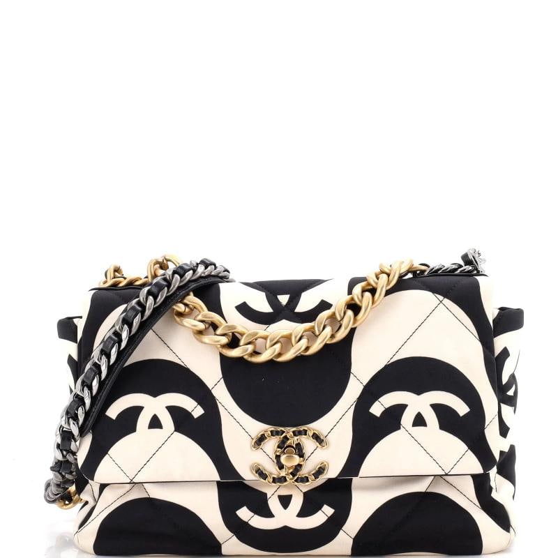 Chanel 19 Flap Bag Quilted Printed Silk Large: Condition: Excellent. Exterior: minor scuffs, minor creases, minor discoloration | Handles/Straps: minor scuffs, minor creases | Interior: light odor, minor scuffs | Hardware: minor scratches, minor