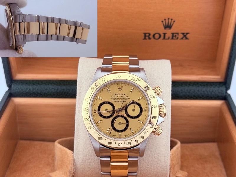 Rolex Daytona Cosmograph Zenith 16523 Champagne Inverted 6 Dial 18k Gold Steel: Style Number: 16523 Serial: X85**** Year: 1991 Model: Daytona Cosmograph Zenith Case Material: Stainless Steel Band: 18k Yellow Gold & Stainless Steel Bezel: 18k Yellow Gold Dial: Champagne Inverted