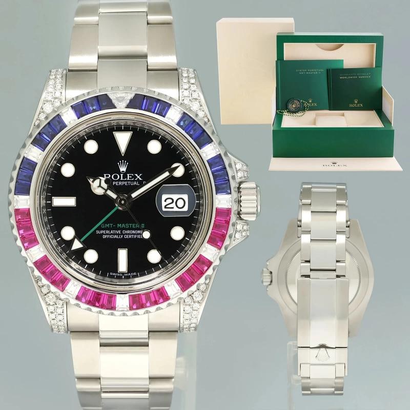 2017 MINT Diamond Ruby & Sapphire Rolex GMT Master II 116710 Steel 40mm Watch: Watch Details Brand: Rolex Model: GMT-Master II Reference: 116710LN Serial: Random Year: 2017 Condition: Mint In-Stock - SKU: H9542 Paperwork & Accessories Box: Yes, this item includes the Original