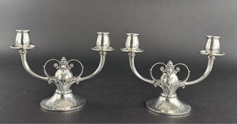 Stylish Pair Gorham Sterling Silver Jensen Style Double Arm Candelabra - 2