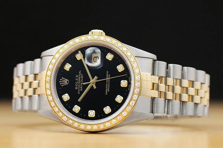 ROLEX MENS DATEJUST BLACK 18K YELLOW GOLD DIAMOND STEEL QUICKSET 16233 WATCH - 2