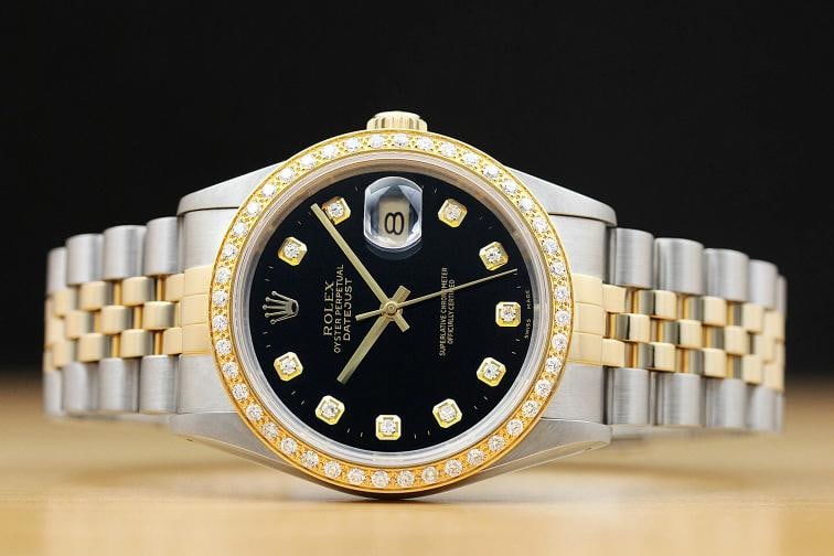 ROLEX MENS DATEJUST BLACK 18K YELLOW GOLD DIAMOND STEEL QUICKSET 16233 WATCH - 3