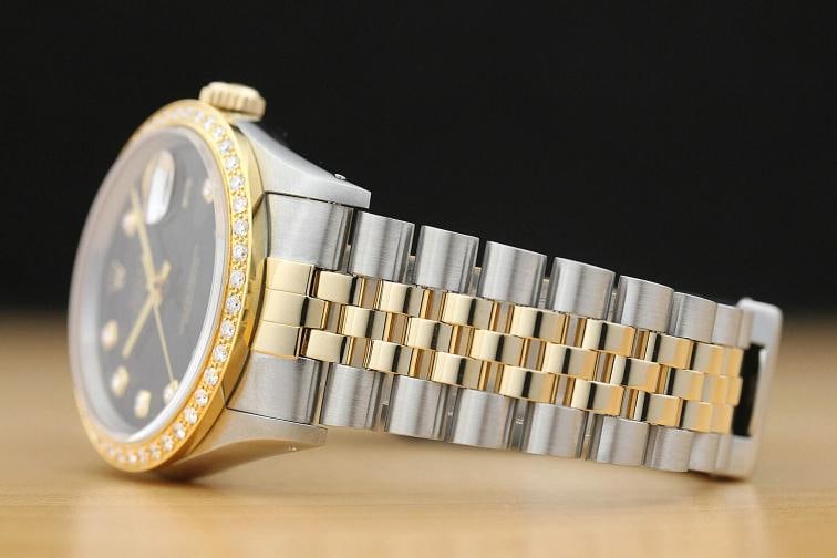 ROLEX MENS DATEJUST BLACK 18K YELLOW GOLD DIAMOND STEEL QUICKSET 16233 WATCH - 4