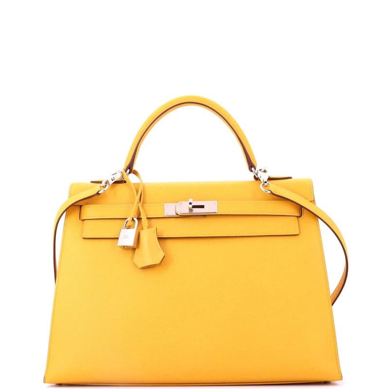 Hermes Kelly Handbag Yellow Epsom with Palladium Hardware 32: Condition: Very good. Exterior: scuffs, corner wear, minor creases, minor edge wear | Handles/Straps: minor creases, minor scuffs | Interior: minor scuffs | Hardware: minor scratches, minor tarnished
