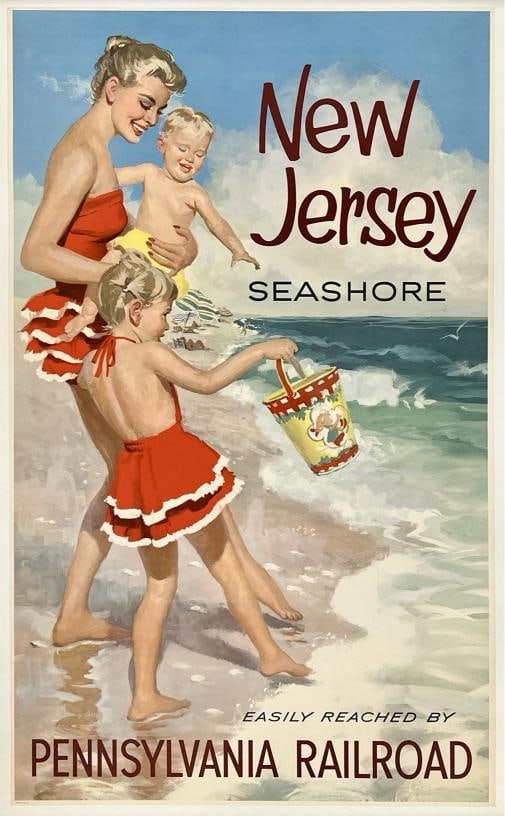 Original Vintage Poster NEW JERSEY SEASHORE - PENNSYLVANIA RAILROAD Travel LINEN (1 of 5)