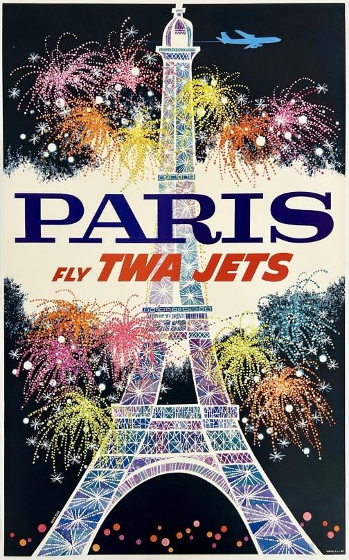 Original Vintage Poster PARIS FLY TWA Airline Travel Tourism David Klein LINEN: Condition: Excellent * (linen backed; near mint condition with no noticeable defects and should display wonderfully once framed) Dimensions: 25 x 40.2 in. / 63.5 x 102 cm.; Circa: 1960s Original