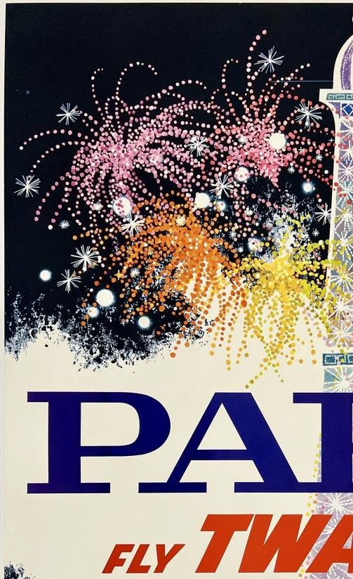 Original Vintage Poster PARIS FLY TWA Airline Travel Tourism David Klein LINEN - 2