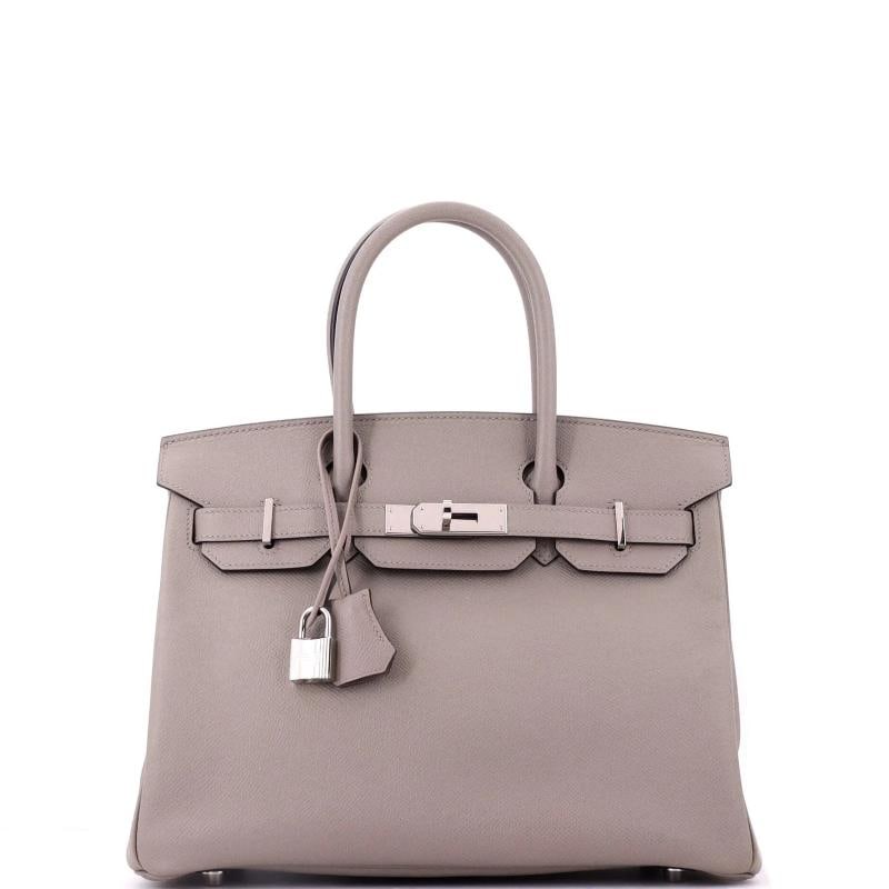 Hermes Birkin Handbag Grey Epsom with Palladium Hardware 30: Condition: Very good. Exterior: corner wear, creases, cracking | Handles/Straps: cracking | Interior: minor scuffs | Hardware: minor scratches Accessories: Dust Bag, Clochette, Keys, Lock Measurements