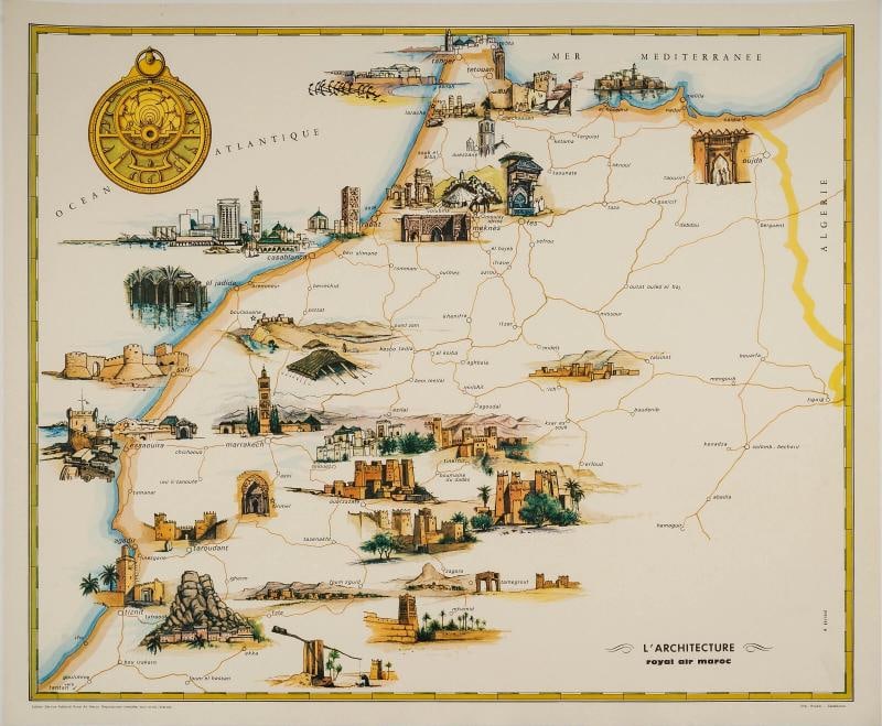 Gayraud, Original Vintage Poster, Morocco Map, Royal Air Maroc, Essaouira, 1950: Artist: Gayraud M. Title: LÃ¢â‚¬â„¢architecture Ã¢â‚¬â€œ Royal Air Maroc Date: circa 1950 Size (w x h): 20.9 x 25.2