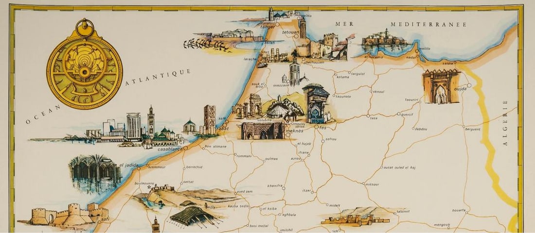 Gayraud, Original Vintage Poster, Morocco Map, Royal Air Maroc, Essaouira, 1950 - 2