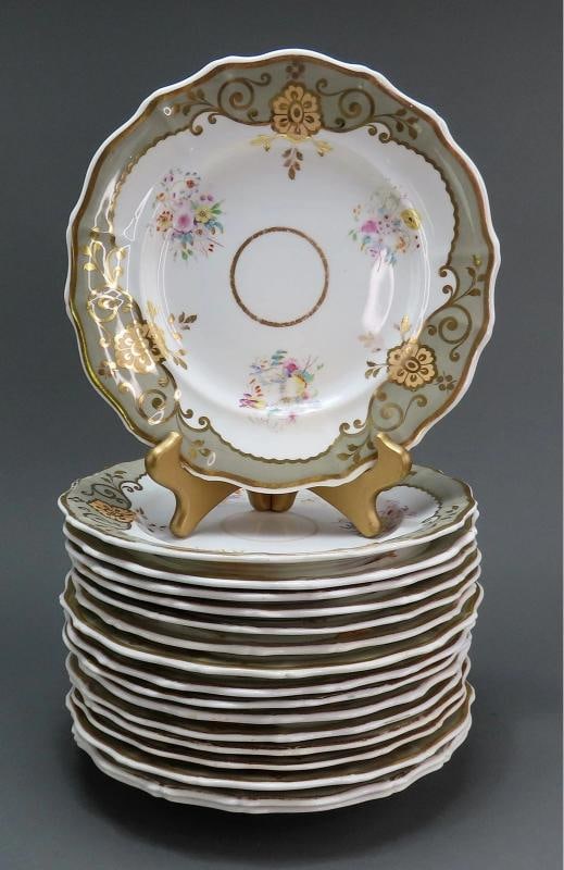 Fine set 17 English Staffordshire Davenport Sage Green Floral Gilt 9.5" Plates (1 of 9)