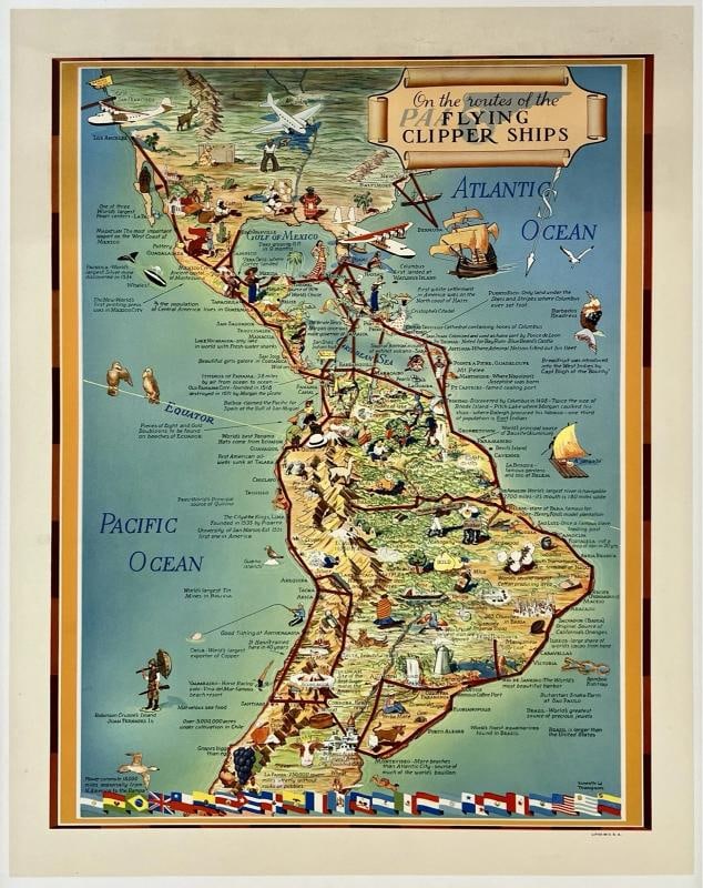 Original Vintage Poster PAN AM ROUTES OF THE FLYING CLIPPER SHIPS Airline LINEN: Condition: Very Good * (linen backed; some surface abrasions and tiny stains spots in the margins, most noticeable in the top margin; otherwise, this wonderful Pan Am airline travel map poster of Sout