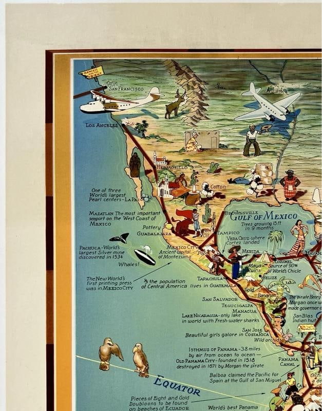 Original Vintage Poster PAN AM ROUTES OF THE FLYING CLIPPER SHIPS Airline LINEN - 2