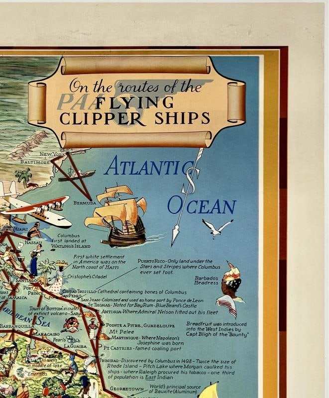 Original Vintage Poster PAN AM ROUTES OF THE FLYING CLIPPER SHIPS Airline LINEN - 3