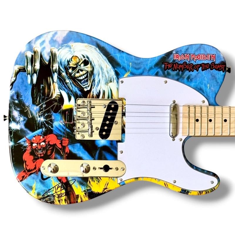 Iron Maiden Signed Guitar Custom Graphics JSA COA Bruce Dickinson Nicko McBrain: Signer: Iron Maiden Bruce Dickinson (Lead Singer) Nicko McBrain (Drummer) Item Type: Full Size Autograph Edition Telecaster Style Electric Guitar Guitar Size: 39in in length Item Certification: This i