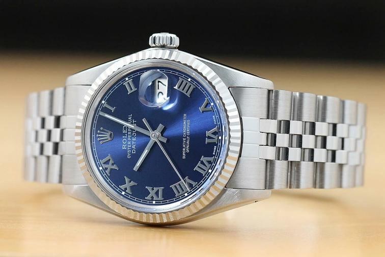 MENS ROLEX DATEJUST 16014 BLUE ROMAN 18K WHITE GOLD STAINLESS STEEL WATCH - 2