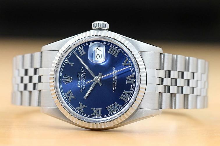 MENS ROLEX DATEJUST 16014 BLUE ROMAN 18K WHITE GOLD STAINLESS STEEL WATCH - 3