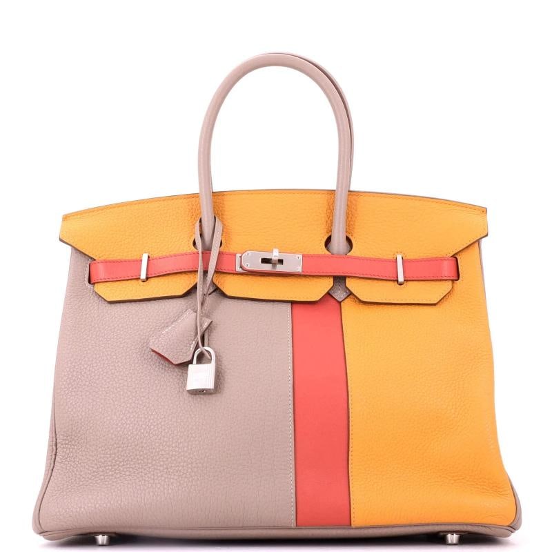 Hermes Birkin Handbag Cascade Tricolor Clemence and Swift with Brushed Palladium: Accessories: Clochette, Box, Lock, Keys, Dust Bag Measurements: Handle Drop 4", Height 10", Width 13.5", Depth 7". Condition: Pre-owned - Good,Brand: Hermes,Exterior Material: Leather,Style: Totes,Ext