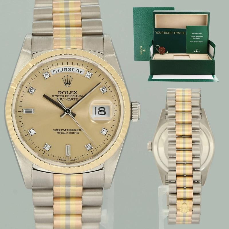 MINT Rolex President Day Date 18239 Champagne Diamond Quick Set Tridor Watch Box: Case & Dial Case Material: Rolex Tridor Gold Yellow, Rose & White Gold Case Size: 36mm Bezel: Rolex Yellow Gold Fluted Bezel Crystal: Rolex Sapphire Dial: Rolex Champagne Diamond Movement & Bracelet