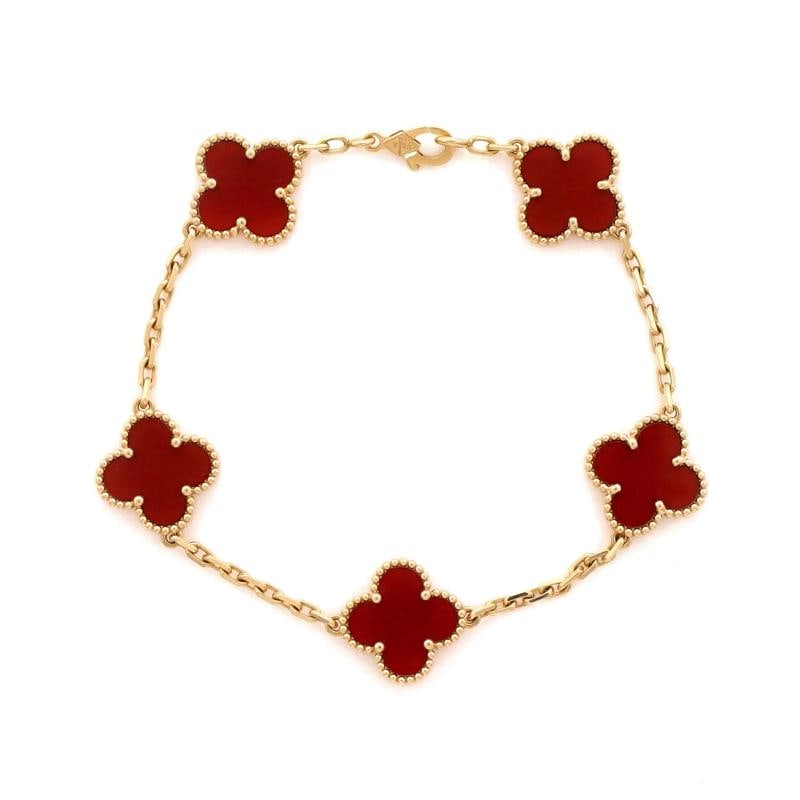 Van Cleef & Arpels Vintage Alhambra 5 Motifs Bracelet 18K Yellow Gold: Measurements: Circumference: 7.75 ", Width: 14.80 mm . Condition: Pre-owned - Good,Brand: Van Cleef & Arpels,Main Stone: Carnelian,Metal: 18K Yellow Gold,Metal Purity: 18K,Style: Bracelet,Type: Bracel