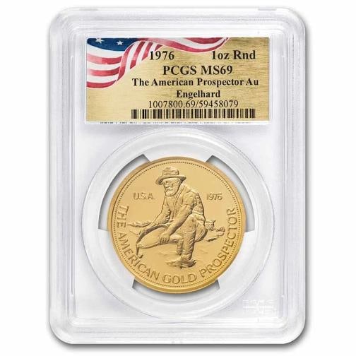 1 oz Gold Round - 1976 Engelhard Prospector MS-69 PCGS: Brand: Engelhard,MPN: 332358,Year: 1976,Fineness: 0.9999,Denomination: N/A,Circulated/Uncirculated: Circulated,Certification: PCGS,Country of Origin: United States