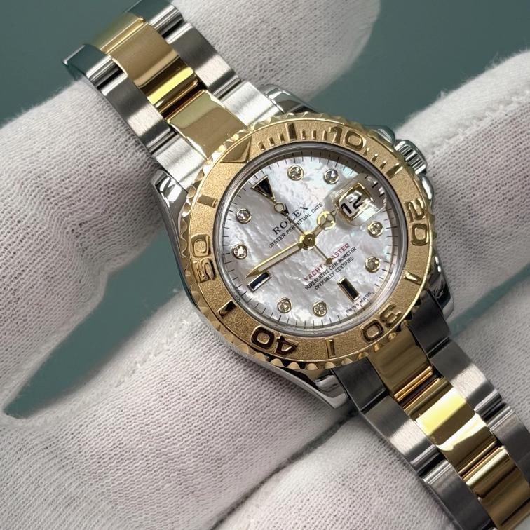 Rolex Yacht Master 169623 Mother of Pearl Sapphire Diamond Dial 18k Gold Steel - 9
