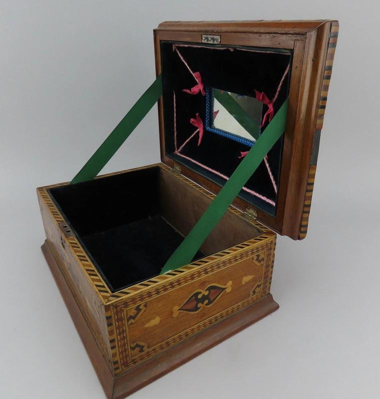 c1860s Rare Marquetry Inlay Sailor's Box Ditty Box Sewing Box w Interior Tray - 2