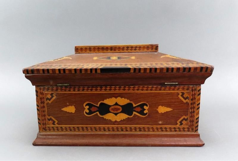 c1860s Rare Marquetry Inlay Sailor's Box Ditty Box Sewing Box w Interior Tray - 5