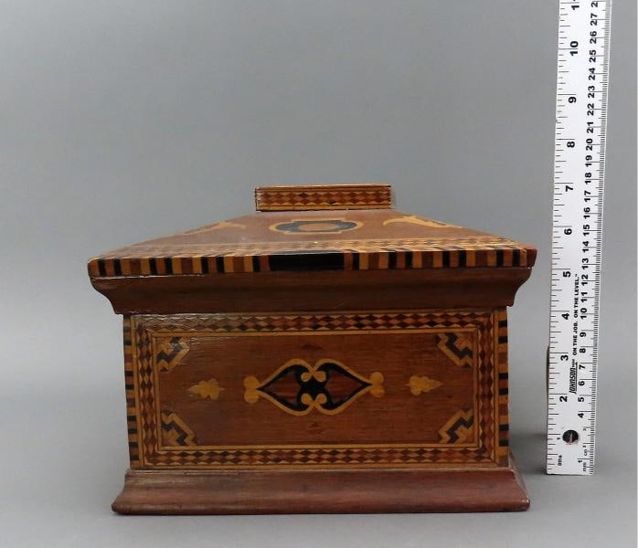 c1860s Rare Marquetry Inlay Sailor's Box Ditty Box Sewing Box w Interior Tray - 6