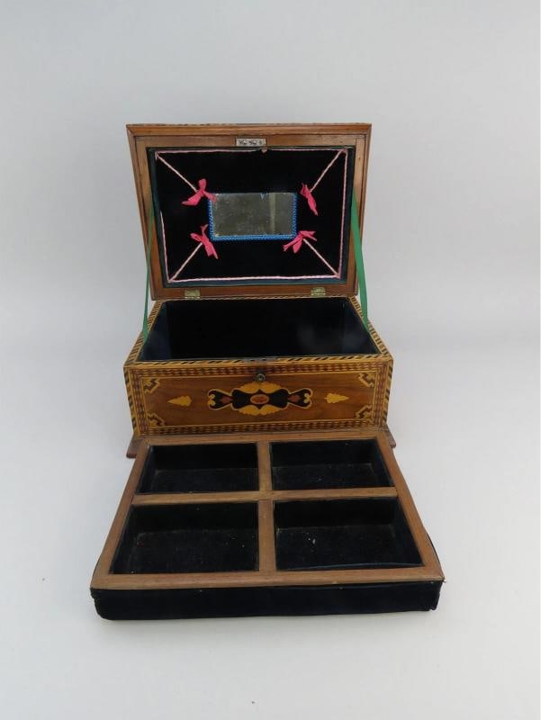 c1860s Rare Marquetry Inlay Sailor's Box Ditty Box Sewing Box w Interior Tray - 9