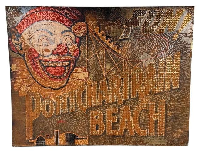Antique Lake Pontchartrain Beach Clown Ride Amusement Park Carnival Tin Sign: measures approximately 27" x 21".. Condition: Used,Theme: Circus & Carnival,Country of Origin: United States