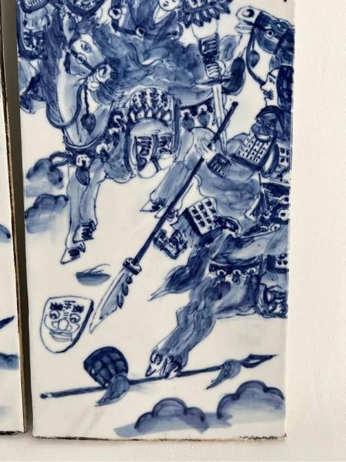 Set 4 Antique 19thC Chinese Qing Blue White Painted Porcelain Tiles Panel Plaque - 11