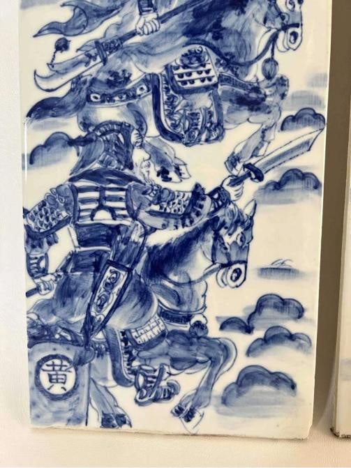 Set 4 Antique 19thC Chinese Qing Blue White Painted Porcelain Tiles Panel Plaque - 12