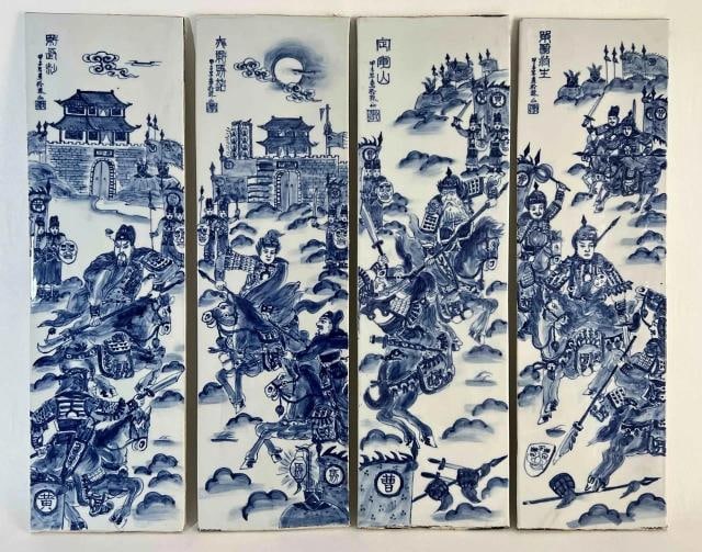 Set 4 Antique 19thC Chinese Qing Blue White Painted Porcelain Tiles Panel Plaque - 14