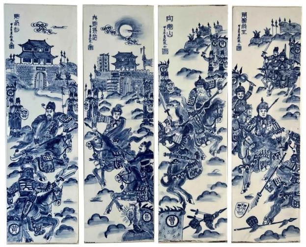 Set 4 Antique 19thC Chinese Qing Blue White Painted Porcelain Tiles Panel Plaque: DIMENSIONS: each panel is 21.5" in height, 6-3/8" in width, 1/4" thick . Age: 1850-1899,Color: Multi-Color,Original/Reproduction: Antique Original,Primary Material: Porcelain & Pottery,Region of