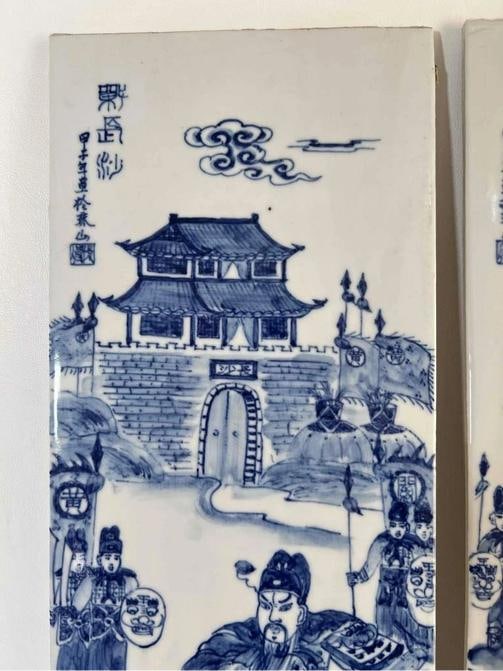 Set 4 Antique 19thC Chinese Qing Blue White Painted Porcelain Tiles Panel Plaque - 2
