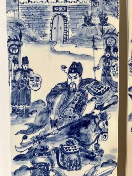 Set 4 Antique 19thC Chinese Qing Blue White Painted Porcelain Tiles Panel Plaque - 9
