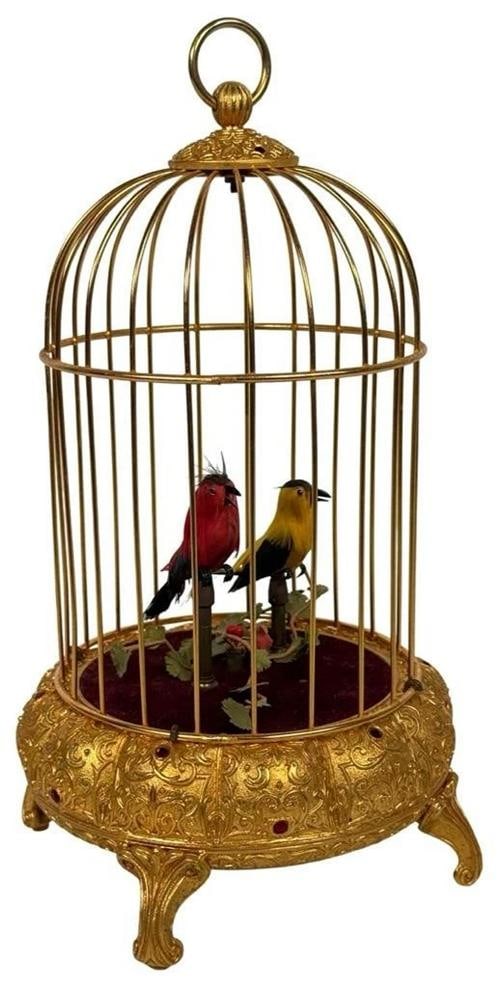 Vintage ELPA West Germany Ormolu 2 Birds Gold Cage Wind Up Automaton Music Box: CONDITION: The automaton presents beautifully and is in very good vintage condition, exhibiting only minor surface wear and patina consistent with age and careful use. The gilded finish remains