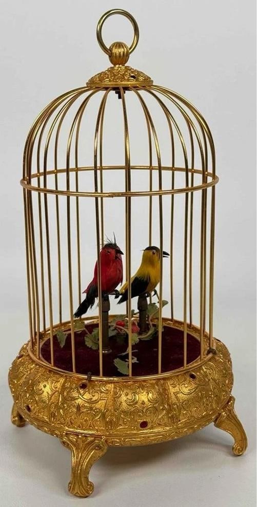 Vintage ELPA West Germany Ormolu 2 Birds Gold Cage Wind Up Automaton Music Box - 2