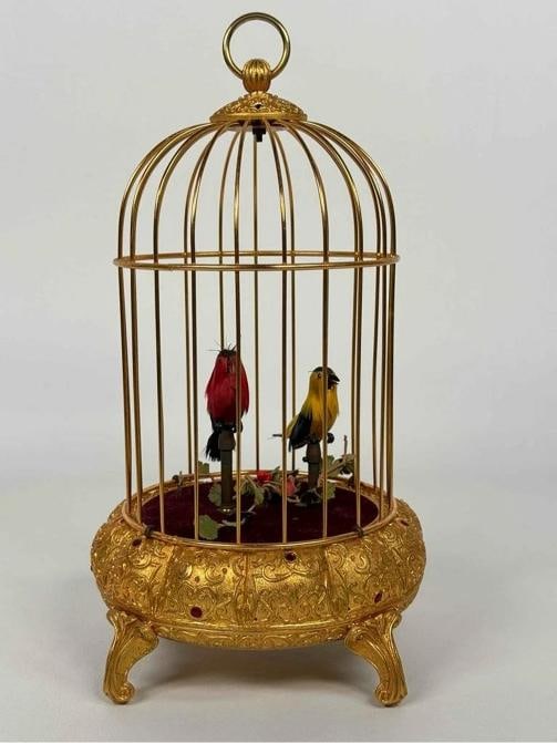Vintage ELPA West Germany Ormolu 2 Birds Gold Cage Wind Up Automaton Music Box - 3