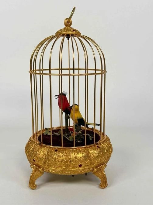 Vintage ELPA West Germany Ormolu 2 Birds Gold Cage Wind Up Automaton Music Box - 4