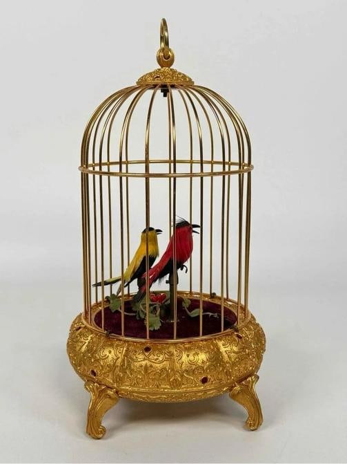 Vintage ELPA West Germany Ormolu 2 Birds Gold Cage Wind Up Automaton Music Box - 6