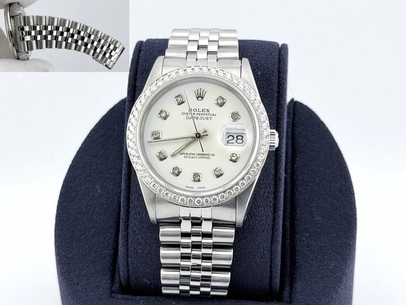 Rolex Datejust 16234 36mm White Diamond Dial Diamond Bezel Steel Jubilee: Style Number: 16234 Serial: X82**** Year: 1991 Model: Rolex Datejust Case Material: Stainless Steel Band: Stainless Steel Jubilee Bezel: Custom Diamond Bezel Dial: Custom White Diamond Dial Crystal: