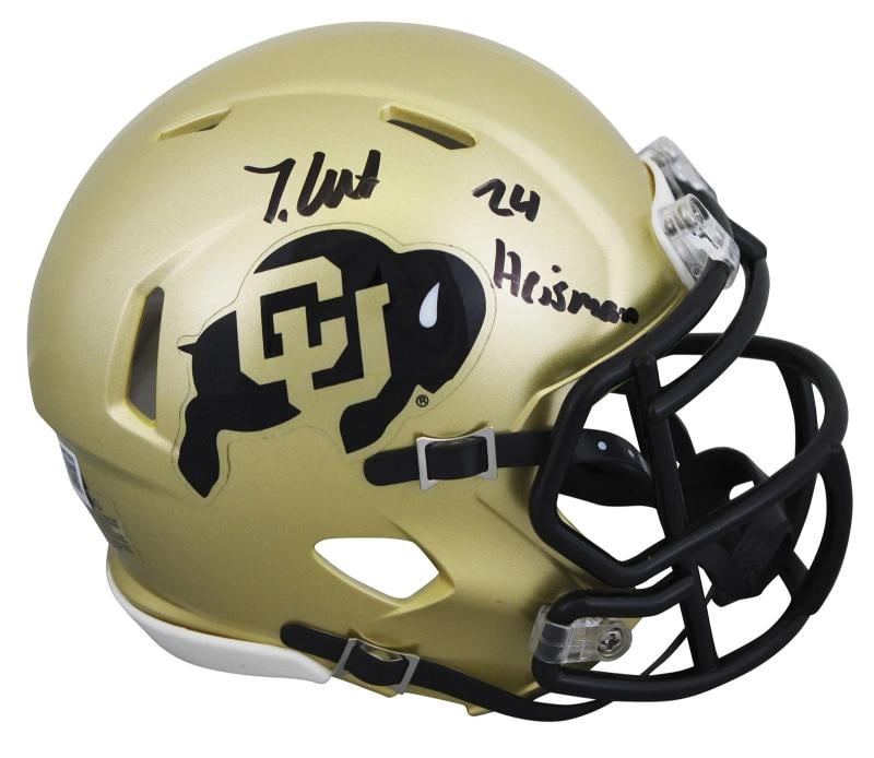 Colorado Travis Hunter "24 Heisman" Signed Speed Mini Helmet BAS Witnessed: Team: Colorado Buffaloes,Sport: Football,Product: Helmet,Original/Reprint: Original,Player: Travis Hunter,Autograph Authentication: Beckett,PRODUCT_COA: Beckett,PRODUCT_SIGNED_BY_NAME: Travis